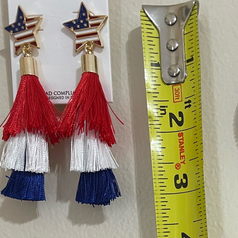 ❤️💙JUST IN! Patriotic Stars and Stripes Red White Blue Tassel Earrings - Picture 2 of 2